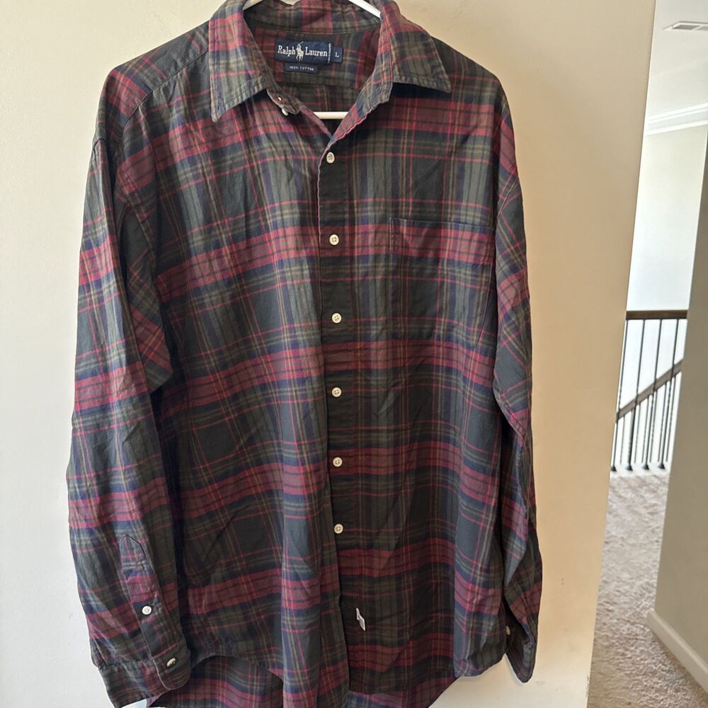 Vintage Polo Ralph Lauren Flannel Shirt Mens L Red Green Plaid Singapore Cotton